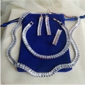 Swarovski Elements 925 Sterling Silver Baguette Tennis Necklace NEW